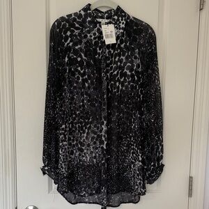 CAbi 145 Sheer Black White Dot / Animal Print Tunic Blouse | Sz XS